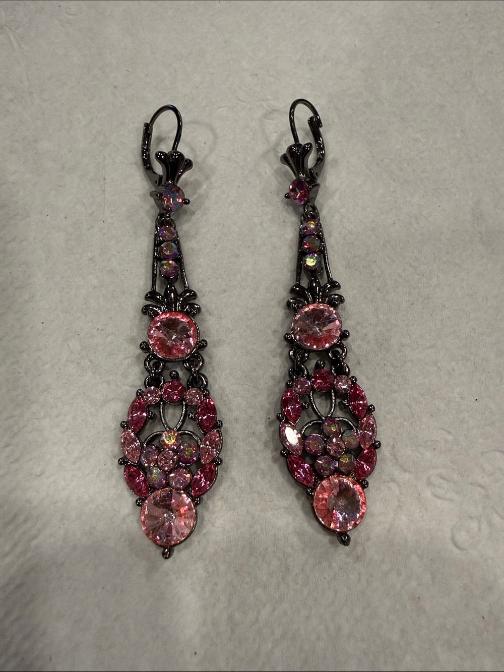 Vintage Express Pink Crystal Dangle Earrings with Dark Metal Setting